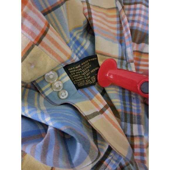 Orvis Signature Mens XL Button Down Cotton Plaid Long Sleeve Shirt Yellow Blue - Picture 6 of 8